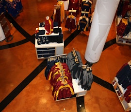 From high you can see the basketball design that was created in the metallic epoxy flooring in the Cleveland Cavaliers Team Shop. (thumbnail)
